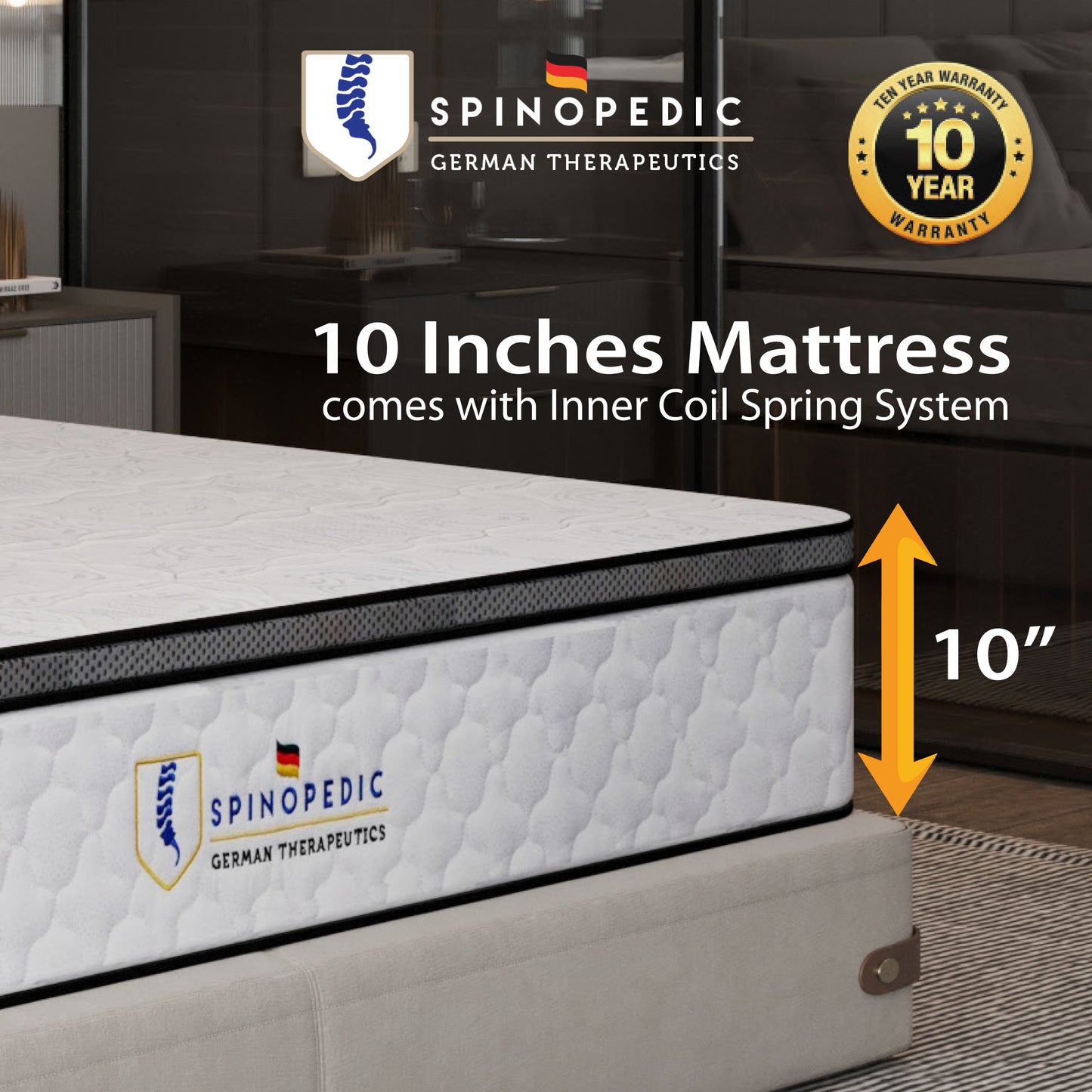 Spinopedic - 10"inch Imported Knitted Fabric Spinal Support Spring Mattress | FREE Delivery