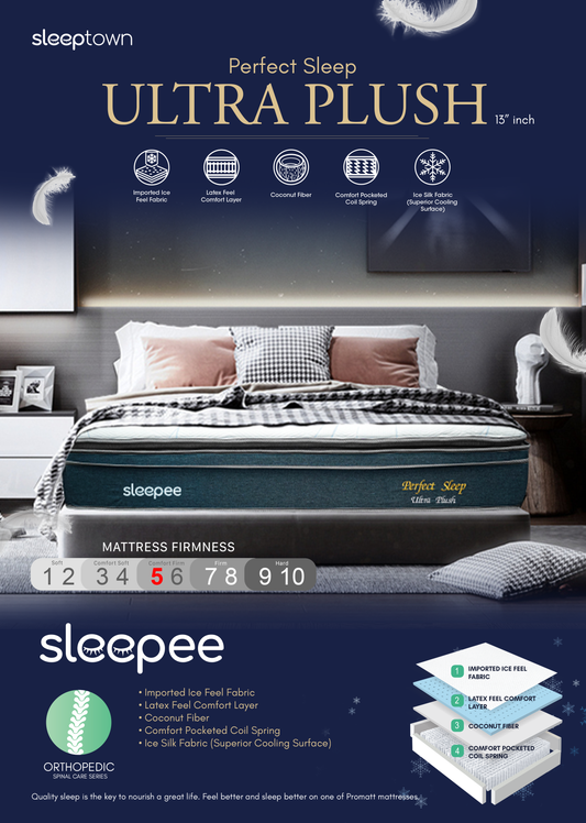 Sleepee Ultra Plush - 13" inch Imported Ice Silk Fabric (Superior Cooling) Latex Feel Pocketed Coil Spring Mattress
